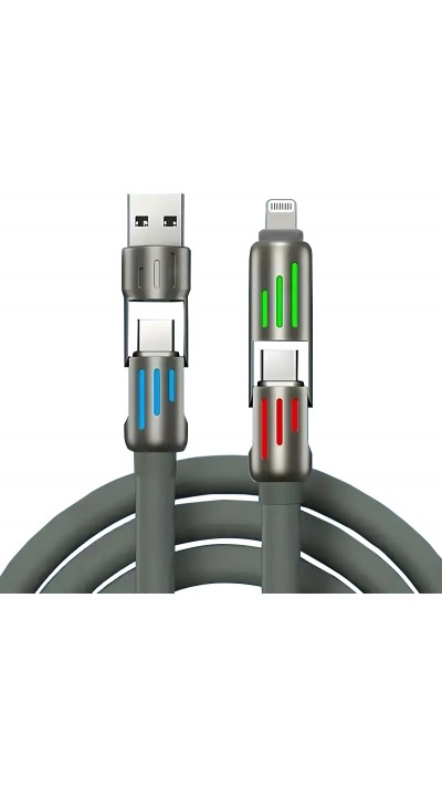 USB 4-in-1 Schnelllade-Kabel 30W | USB-C zu USB anti-verwickelndes Silikon RGB-LED Multi-Geräte-Kompatibilität und langlebig (2 m) - Grau